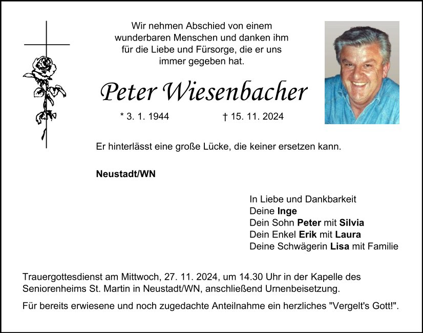 Traueranzeige Peter Wiesenbacher, Neustadt/WN