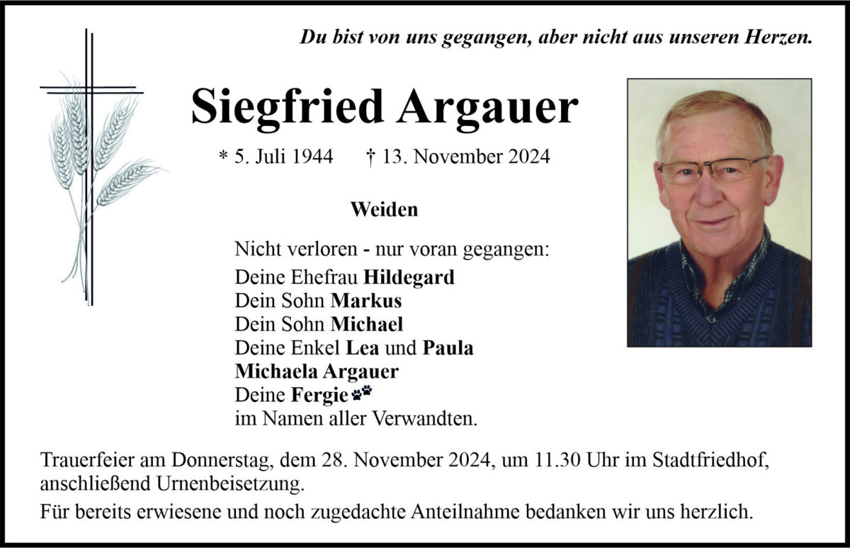Traueranzeige Siegfried Argauer, Weiden