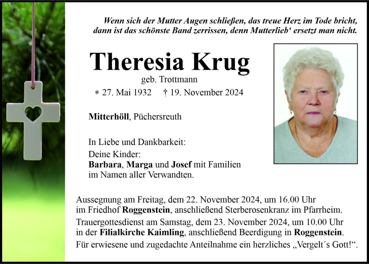 Traueranzeige Theresia Krug, Mitterhöll