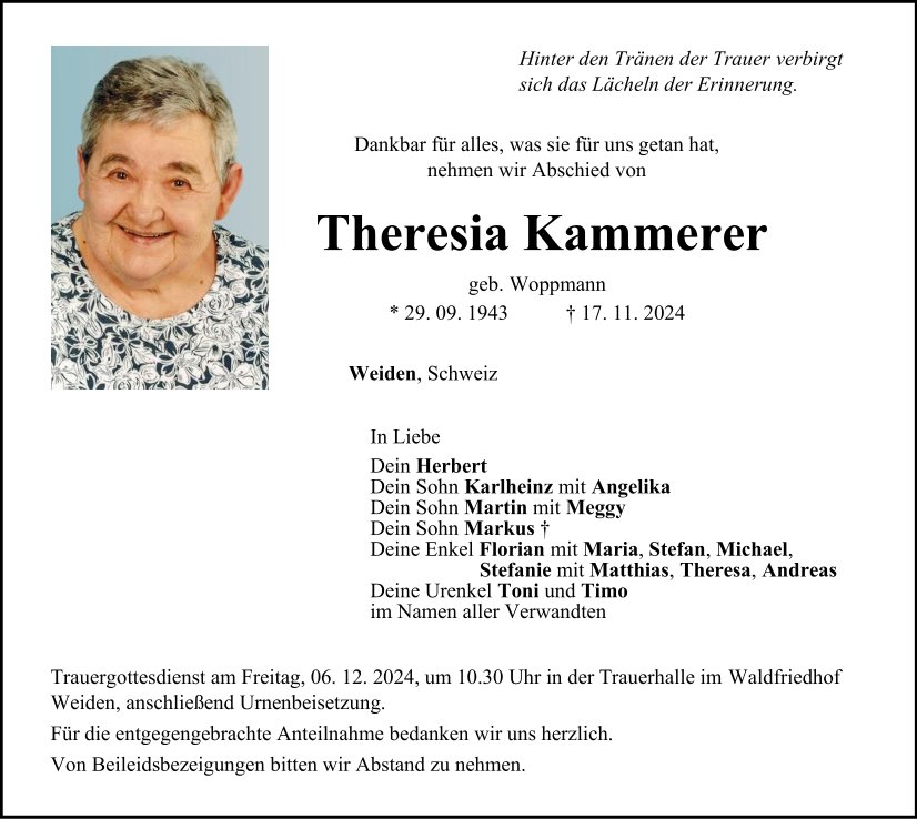 Traueranzeige Theresia Kammerer, Weiden