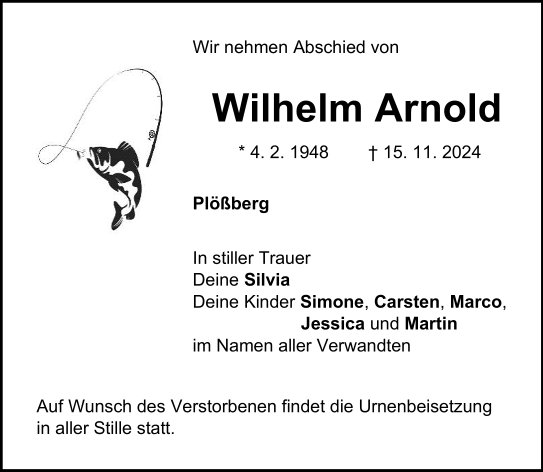 Traueranzeige Wilhelm Arnold, Plößberg