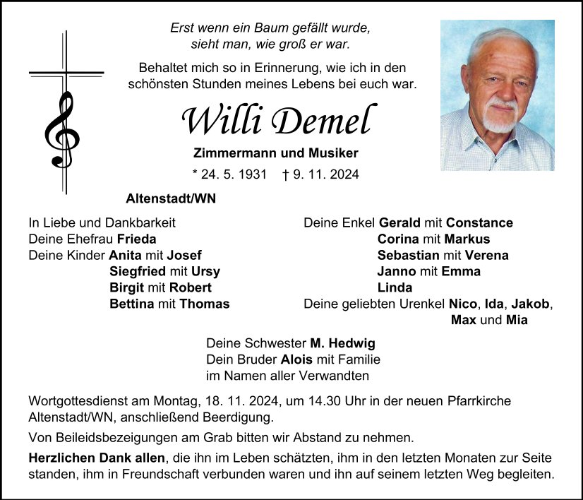 Traueranzeige Willi Demel, Altenstadt/WN.