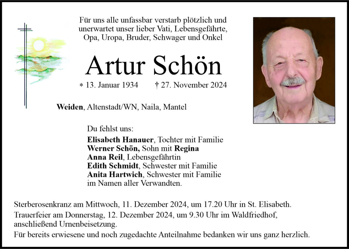 Traueranzeige Artur Schön, Weiden