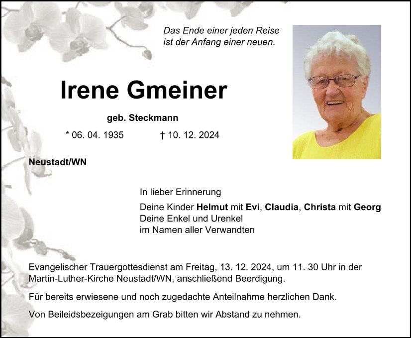Traueranzeige Irene Gmeiner, Neustadt/WN