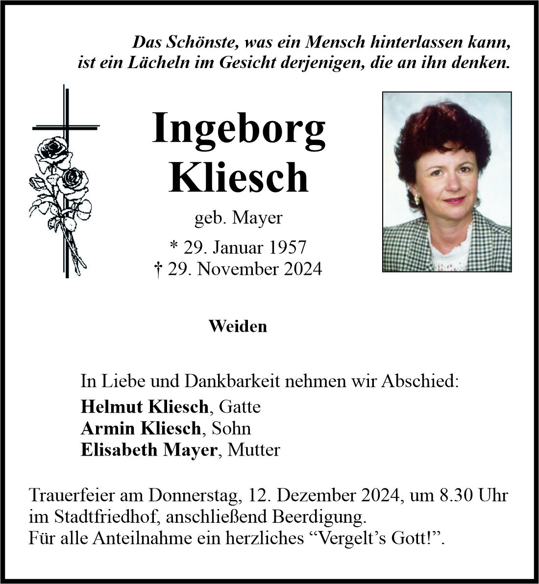 Traueranzeige Ingeborg Kliesch, Weiden