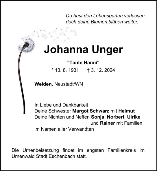 Traueranzeige Johanna Unger, Weiden