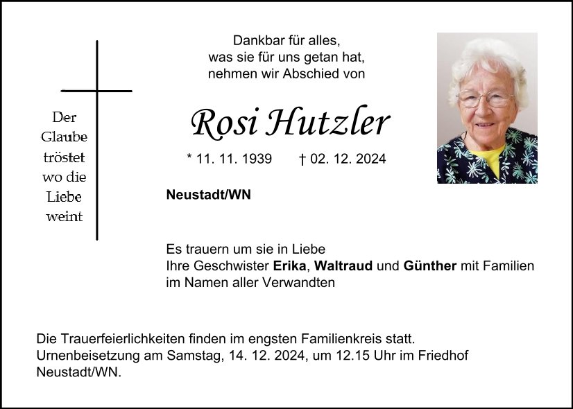 Traueranzeige Rosi Hutzler, Neustadt/WN