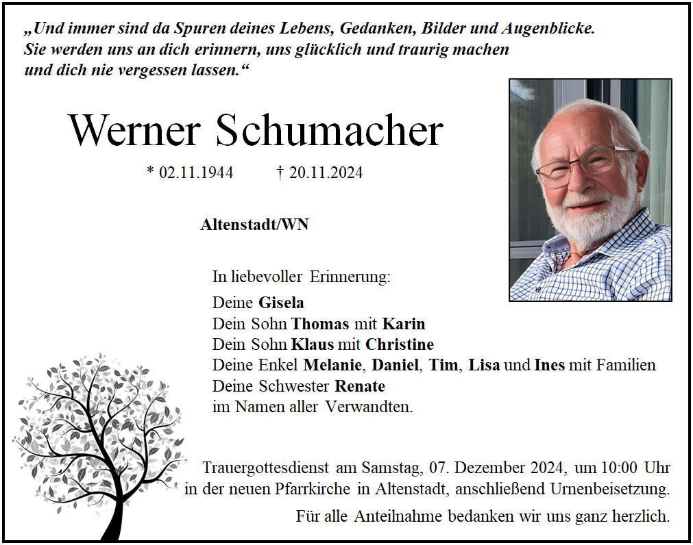 Traueranzeige Werner Schumacher, Altenstadt/WN