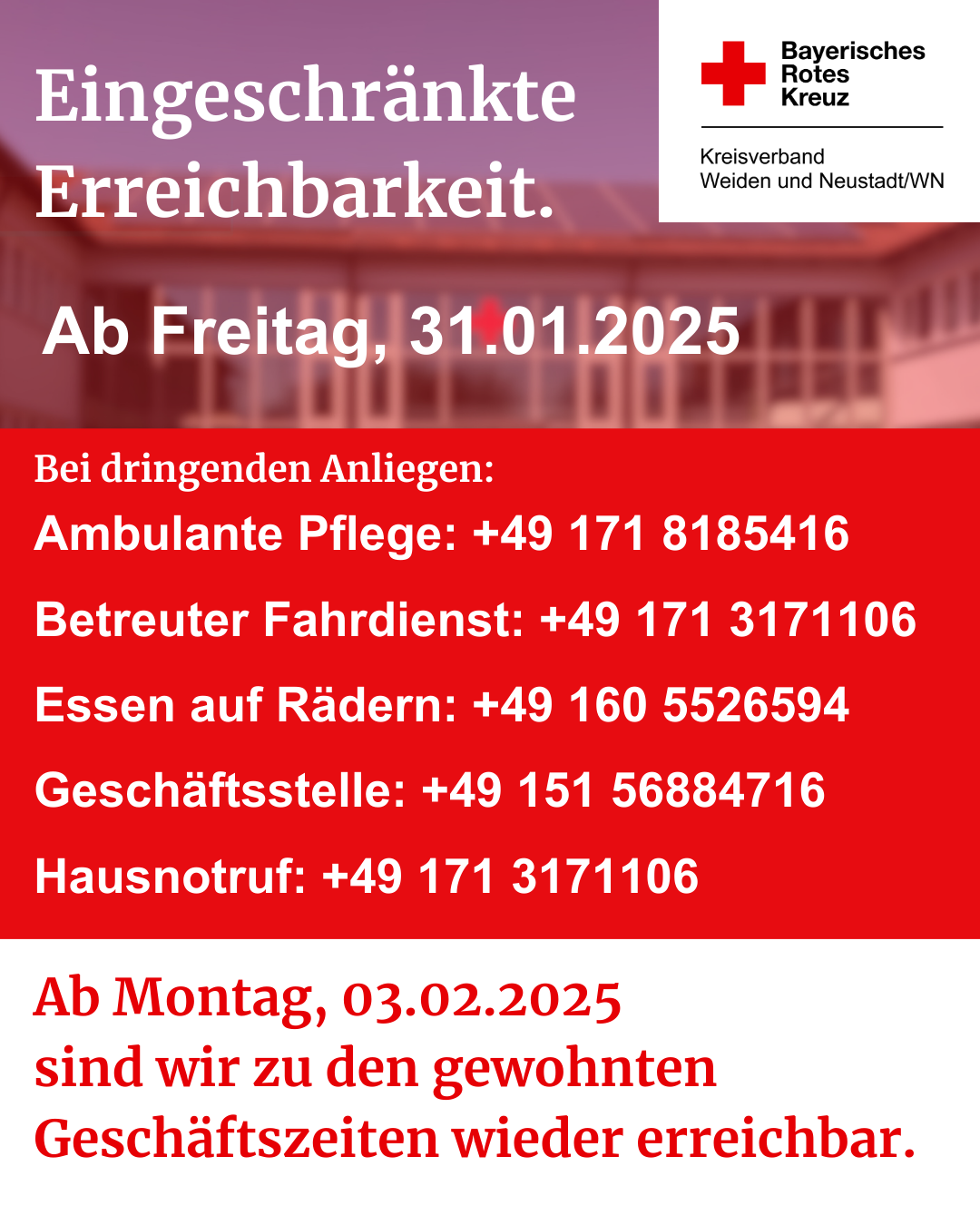 Eingeschränkte Erreichbarkeit beim BRK Weiden und Neustadt