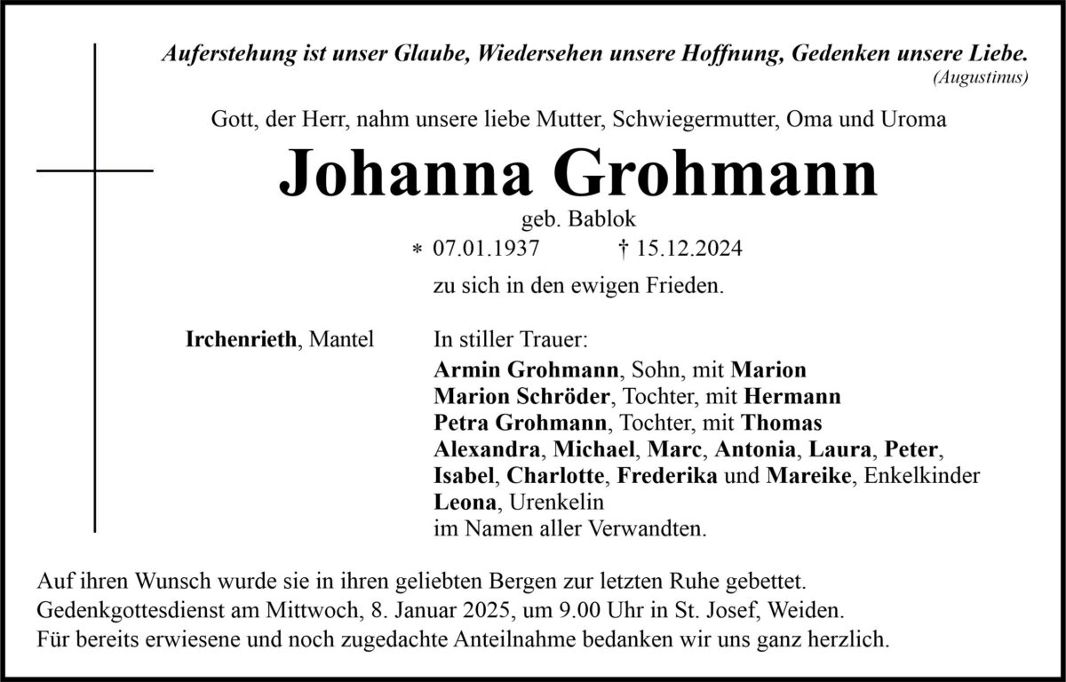 Traueranzeige Johanna Grohmann, Irchenrieth