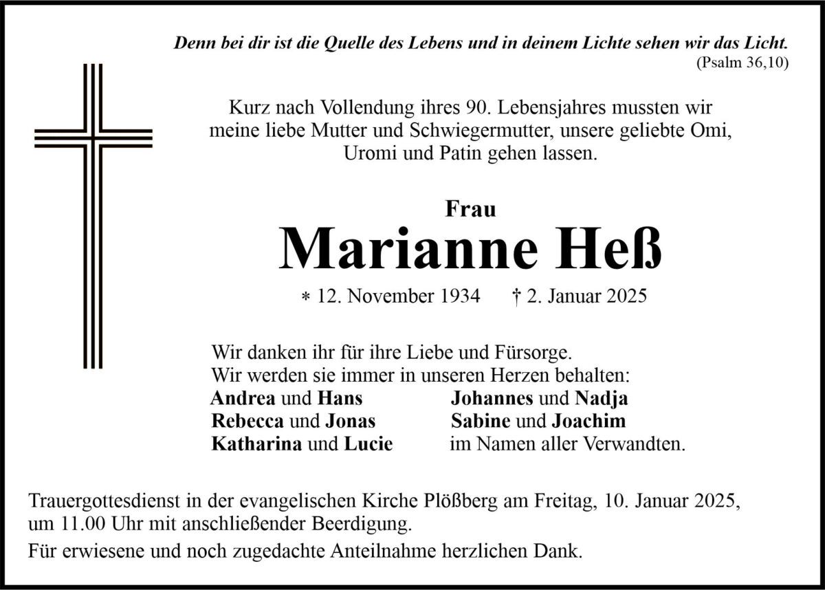 Traueranzeige Marianne Heß, Plößberg