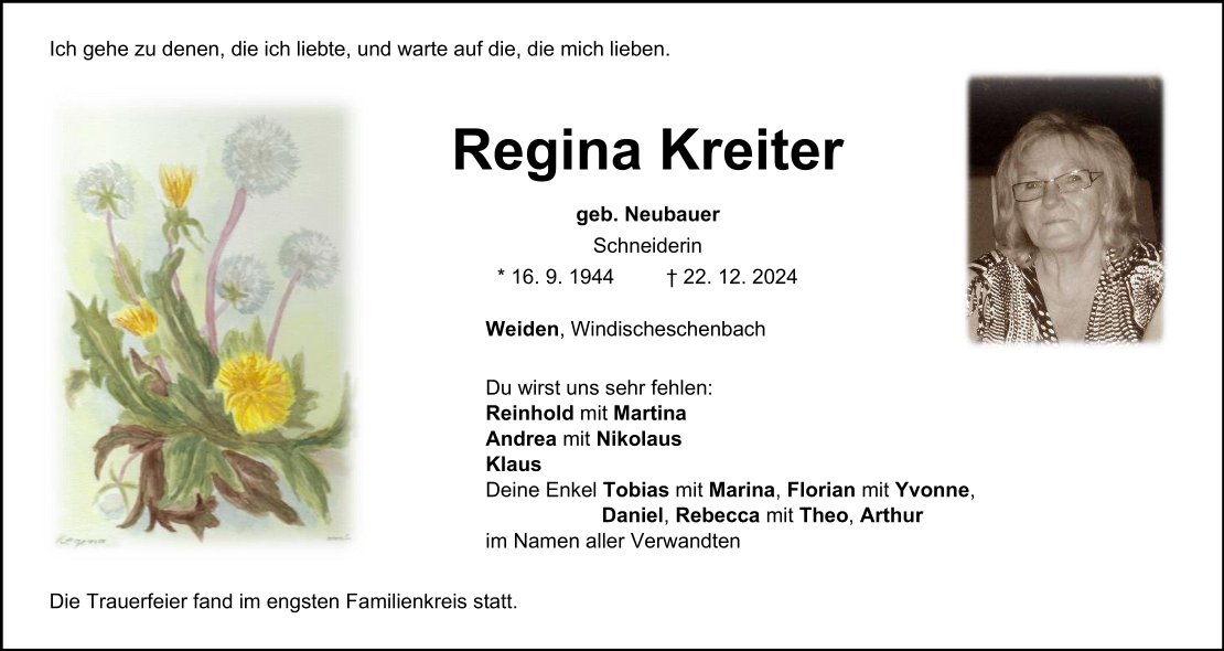 Traueranzeige Regina Kreiter, Weiden