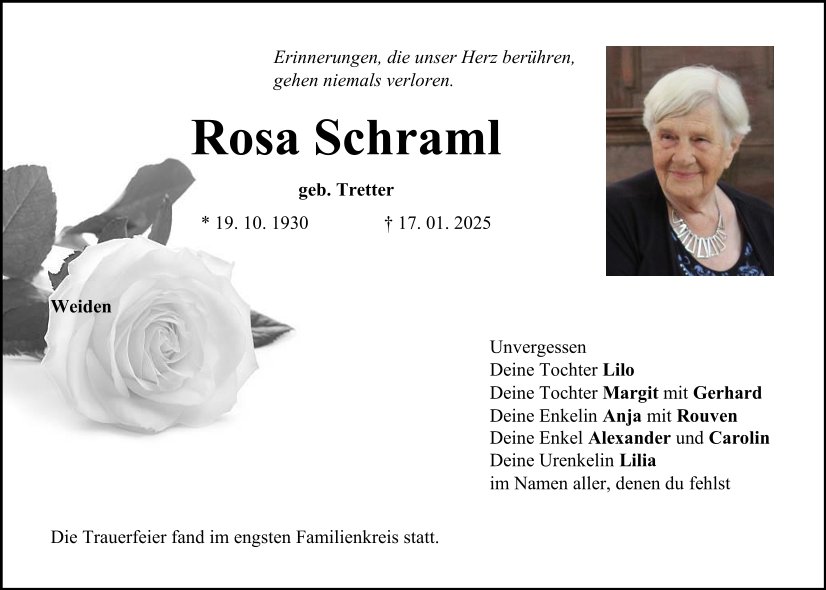 Traueranzeige Rosa Schraml, Weiden