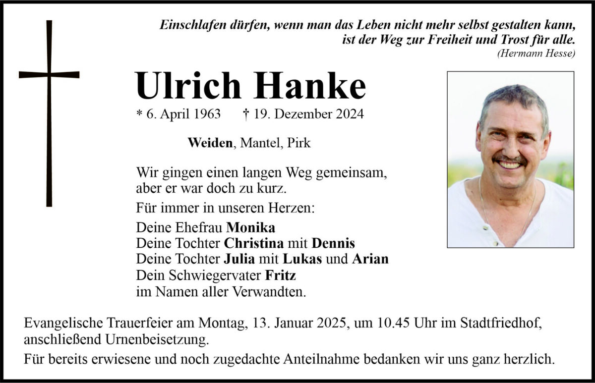 Traueranzeige Ulrich Hanke, Weiden