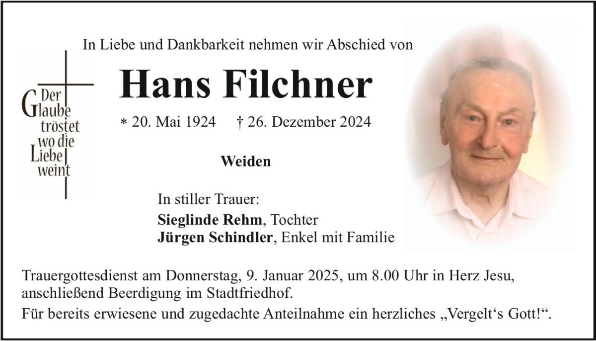 Traueranzeige Hans Filchner, Weiden