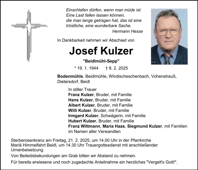 Traueranzeige Josef Kulzer, Bodenmühle.
