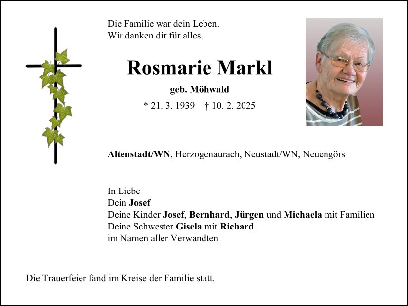 Traueranzeige Rosmarie Markl, Altenstadt/WN