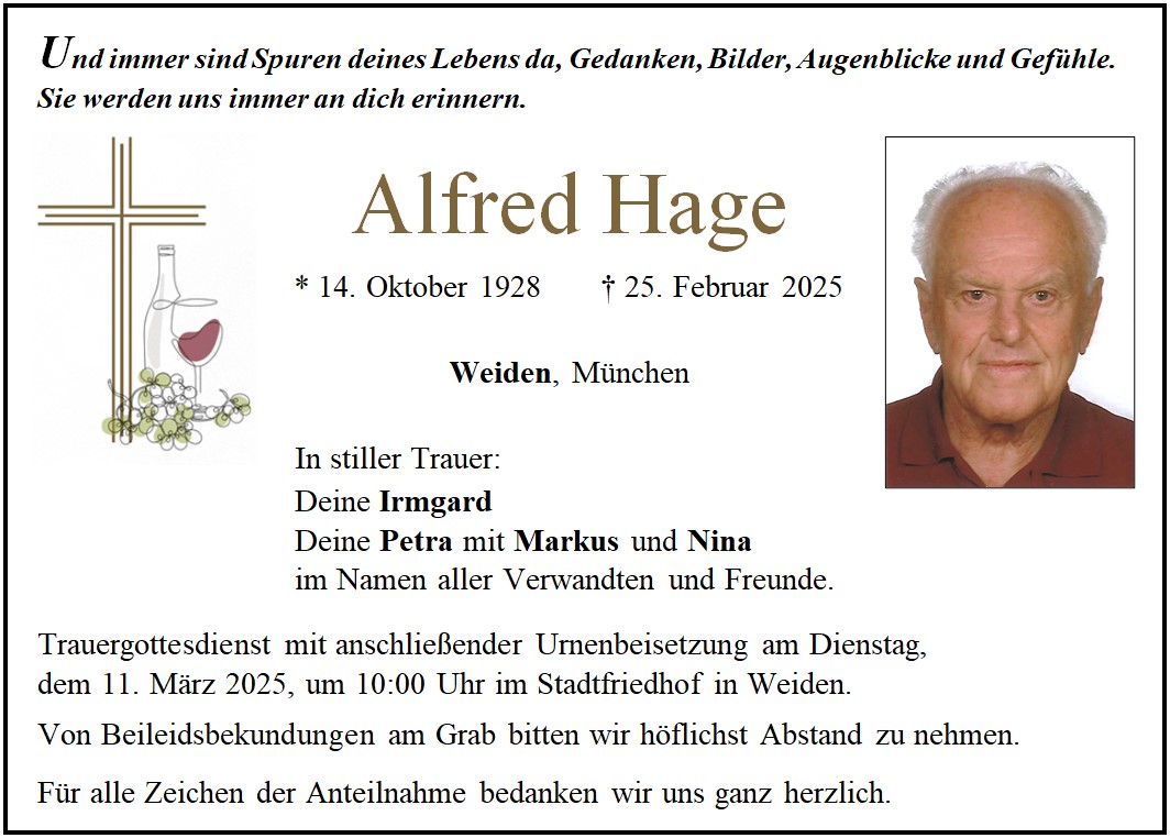 Traueranzeige Alfred Hage, Weiden