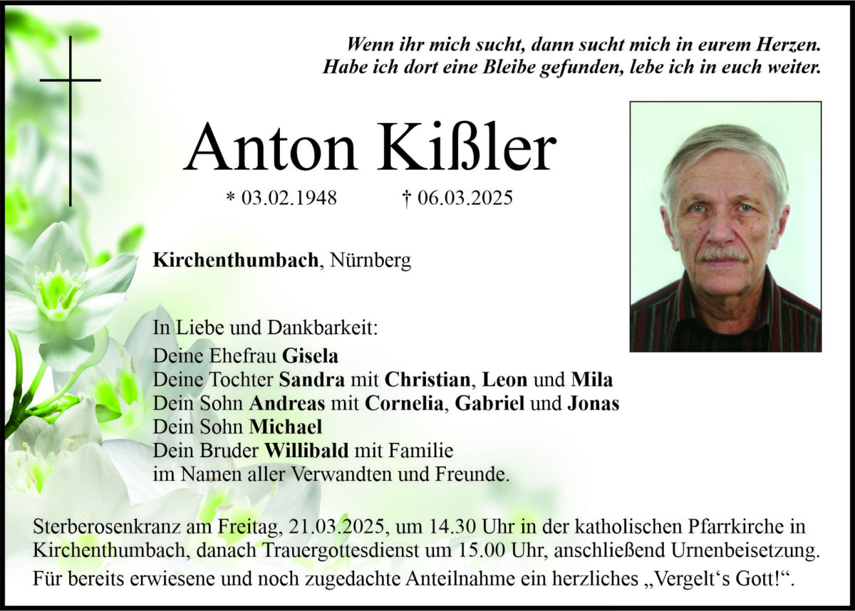 Traueranzeige Anton Kißler, Kirchenthumbach