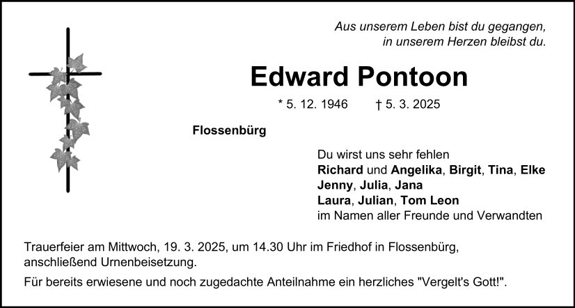 Traueranzeige Edward Pontoon, Flossenbürg