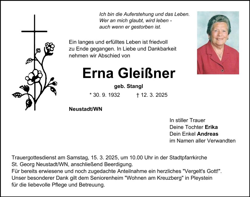 Traueranzeige Erna Gleißner, Neustadt/WN