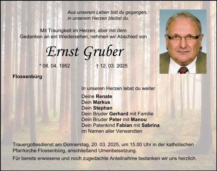 Traueranzeige Ernst Gruber, Flossenbürg