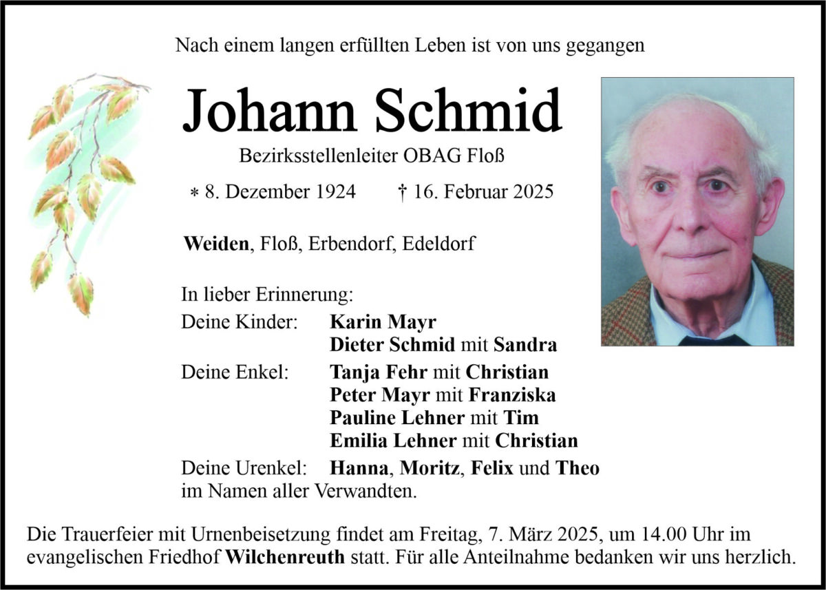 Traueranzeige Johann Schmid, Weiden
