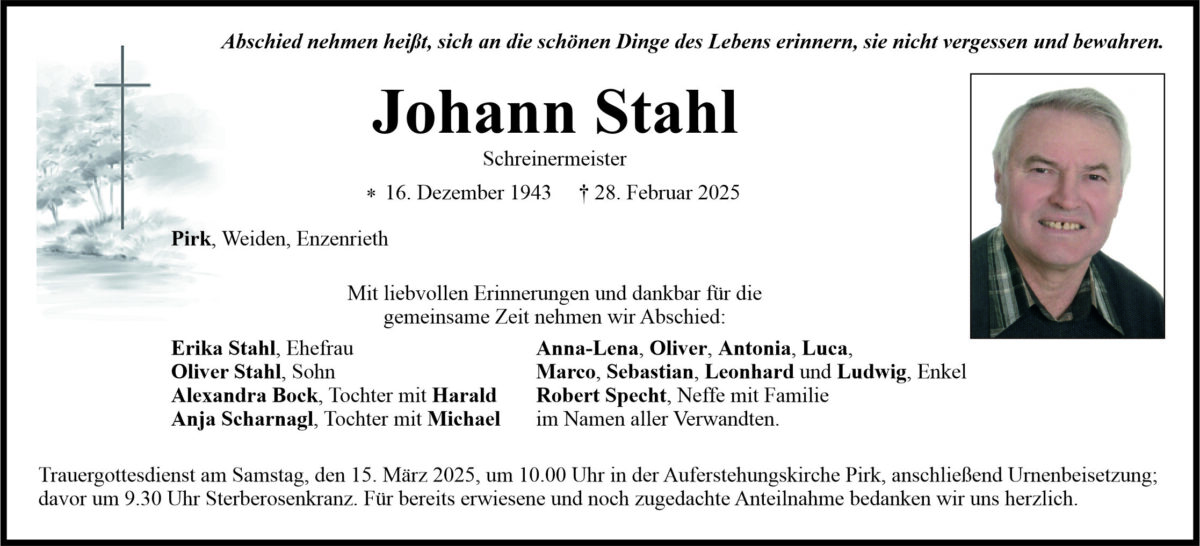 Traueranzeige Johann Stahl, Pirk