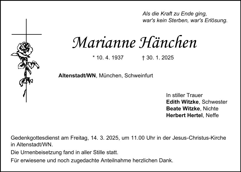 Traueranzeige Marianne Hänchen, Altenstadt/WN