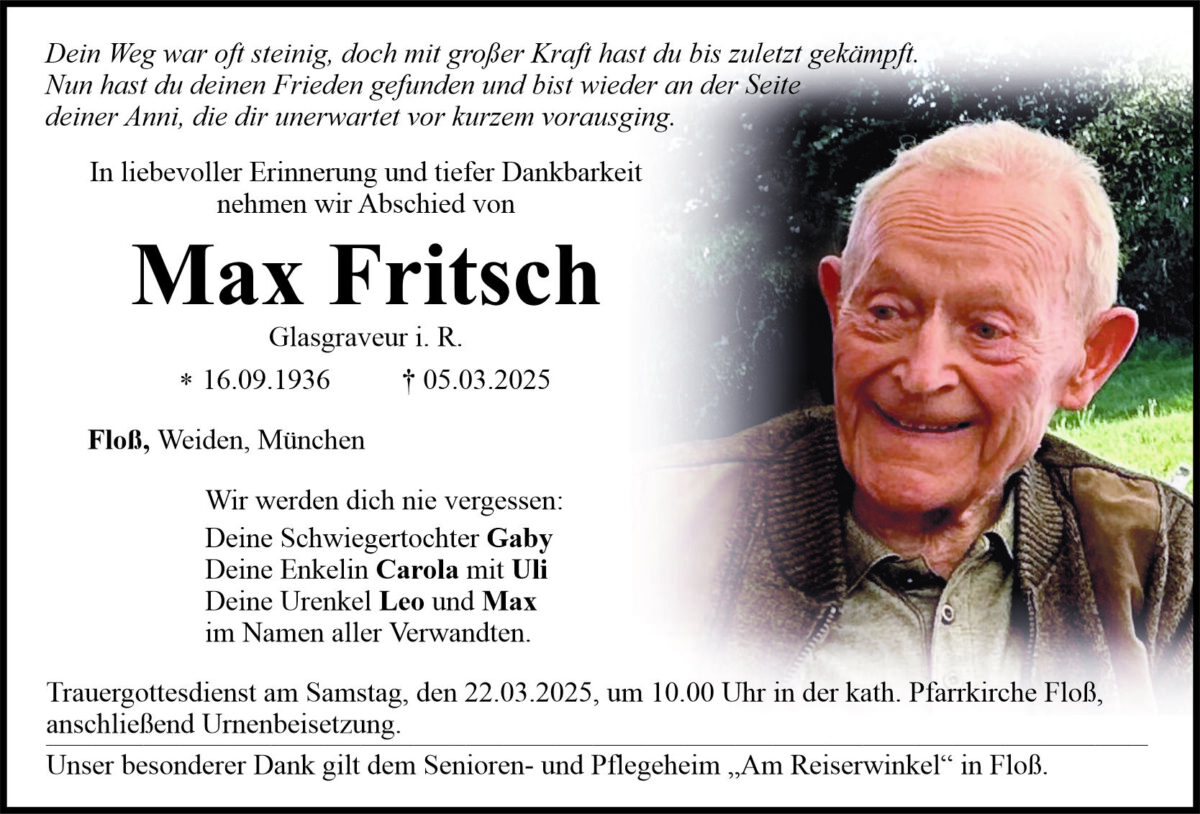 Traueranzeige Max Fritsch, Floß