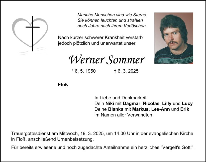 Traueranzeige Werner Sommer, Floß.