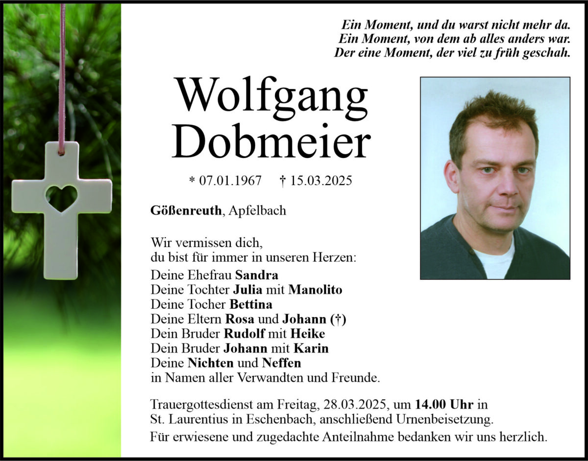 Traueranzeige Wolfgang Dobmeier, Gößenreuth