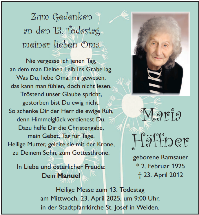 Memoriums-Anzeige Maria Häffner, Weiden