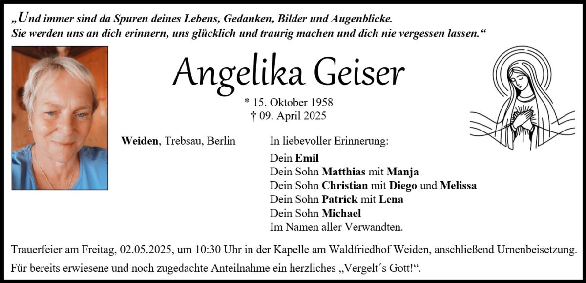 Traueranzeige Angelika Geiser, Weiden