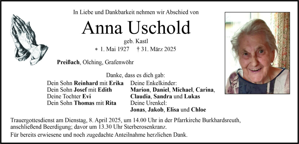 Traueranzeige Anna Uschold Preißach