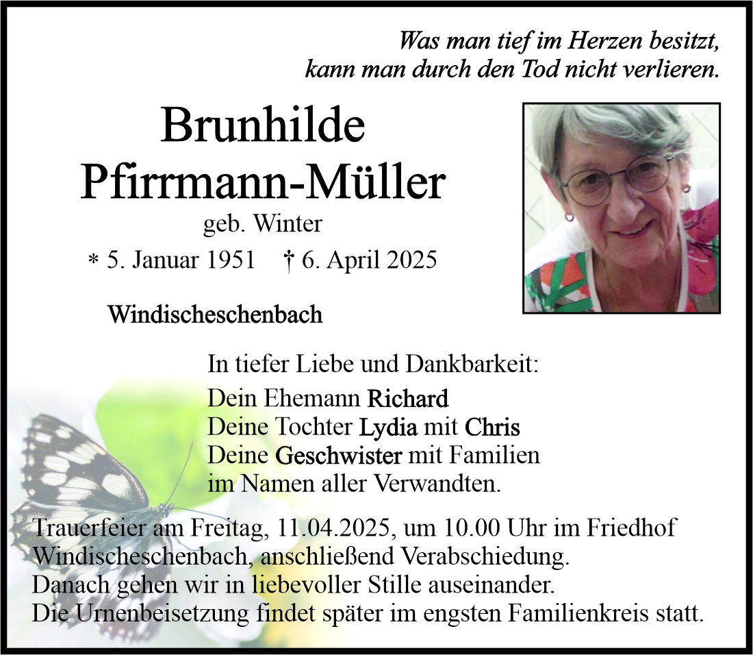 Traueranzeige Brunhilde Pfirrmann-Müller, Windischeschenbach