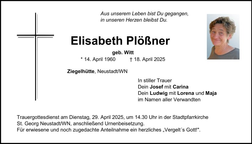 Traueranzeige Elisabeth Plößner, Ziegelhütte