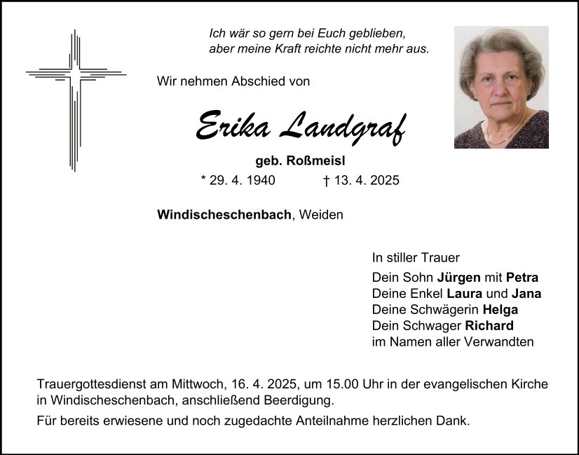 Traueranzeige Erika Landgraf, Windischeschenbach