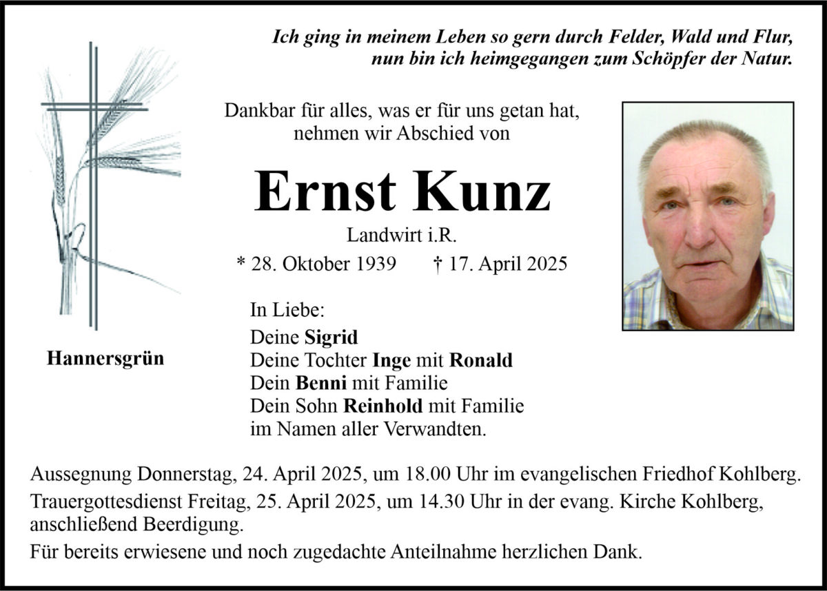 Traueranzeige Ernst Kunz, Hannersgrün
