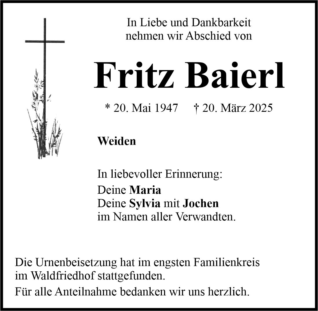 Traueranzeige Fritz Baierl, Weiden