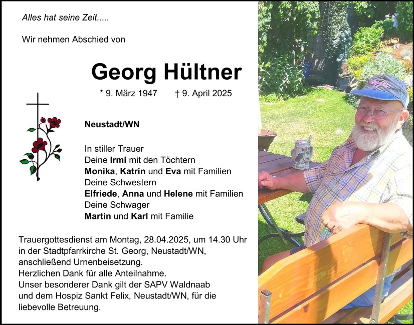 Traueranzeige Georg Hültner, Neustadt a. d. Waldnaab