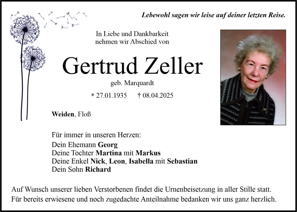 Traueranzeige Gertrud Zeller, Floß, Weiden