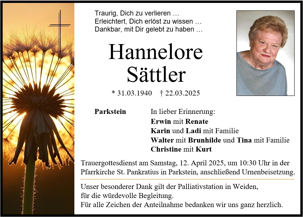 Traueranzeige Hannelore Sättler, Parkstein