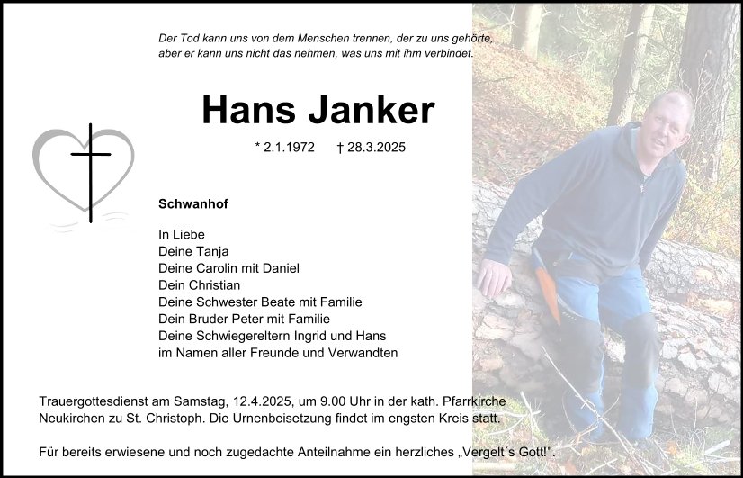 Traueranzeige Hans Janker, Neustadt a. d. Waldnaab