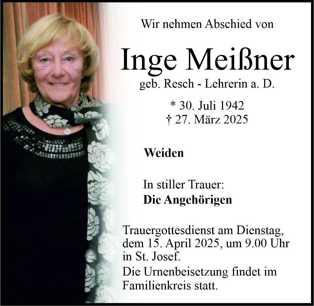 Traueranzeige Inge Meißner, Weiden