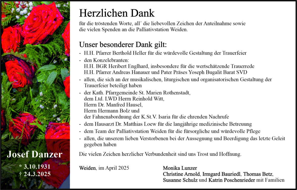 Traueranzeige Josef Danzer, Weiden
