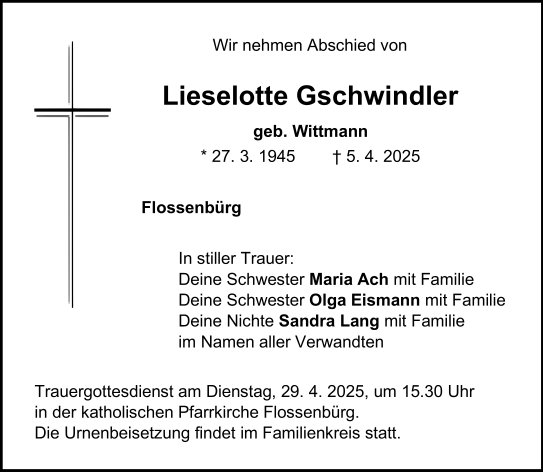 Traueranzeige Lieselotte Gschwindler, Flossenbürg.