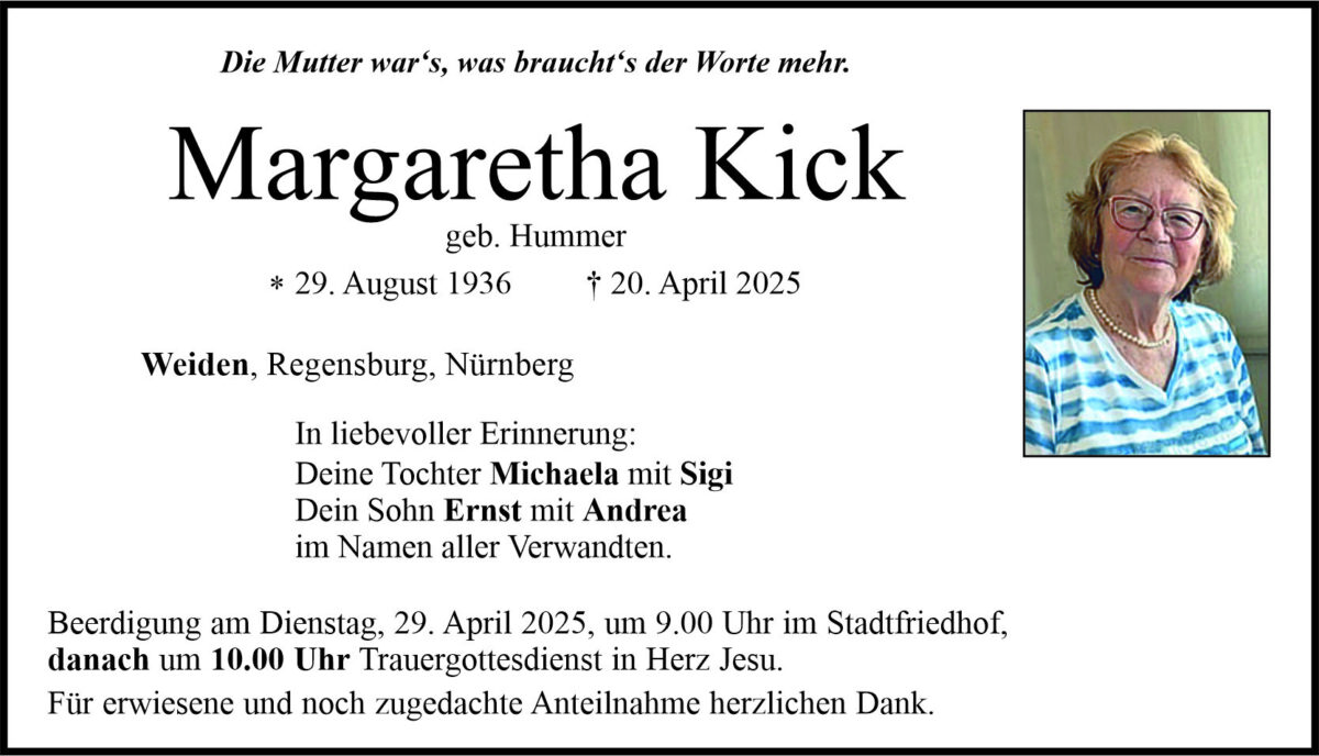 Traueranzeige Margaretha Kick, Weiden