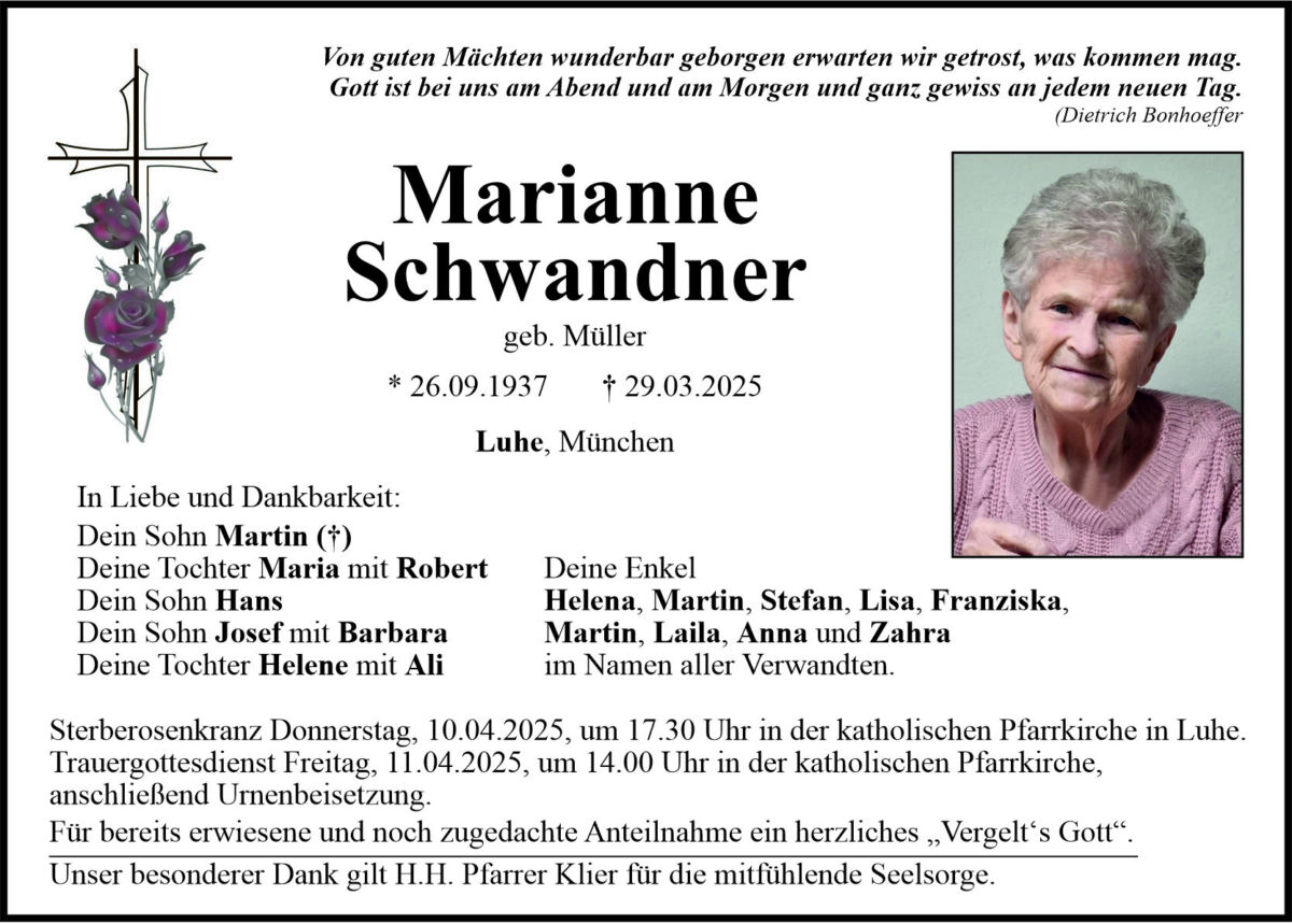 Traueranzeige Marianne Schwandtner, Luhe