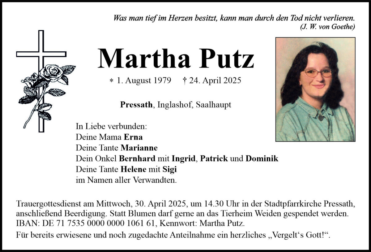Traueranzeige Martha Putz, Pressath